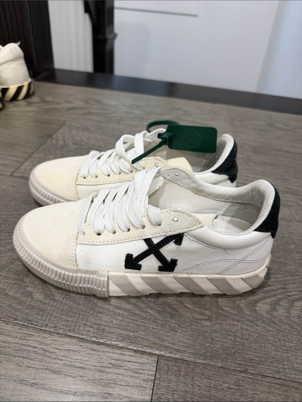 Off-White Cream and Black Low-Top Canvas Sneakers with Green Tag